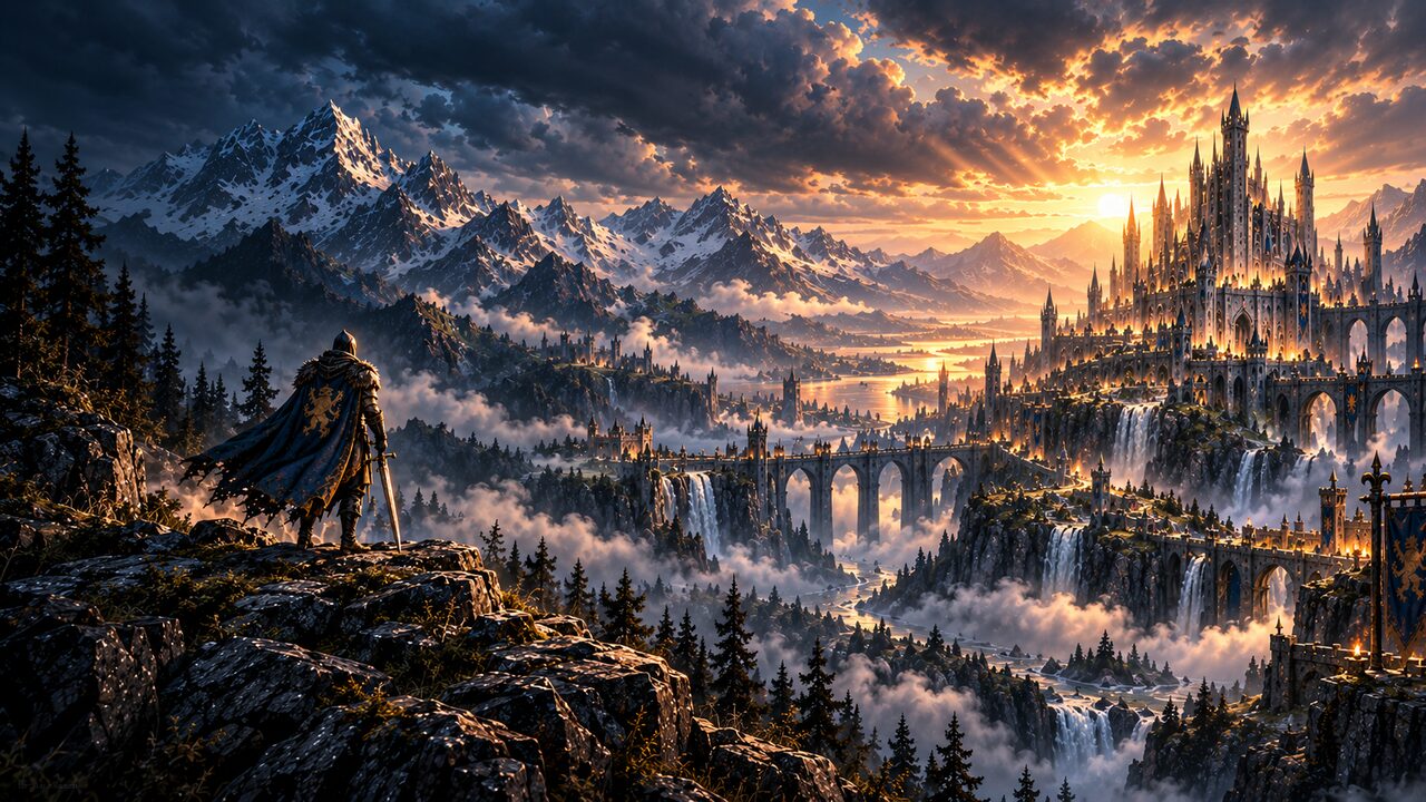 An adventurer overlooking a mist-filled valley and a distant castle
